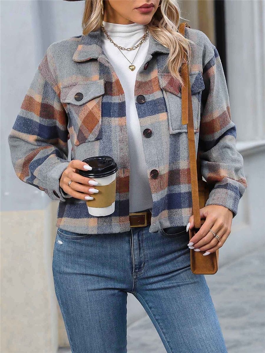 Naisten Takki ulko- Katu Arki-asut Syksy Talvi Lyhyt Takki Normaali Pidä lämpimänä Hengittävä Tyylikäs Vapaa-aika Jackets Pitkähihainen Raidat ja Plaid Taskut Painettu Rubiini Apila Khaki 2025 - $41.99 –P6