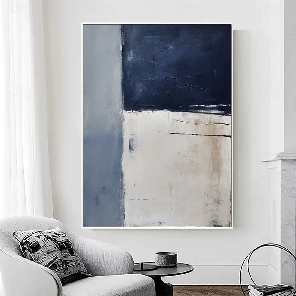 Handpainted White Blue Textured Painting Oversized 3D handmade Abstract Geometric Wall Art painting Large Minimalist black white textured Painting for Living Room bedroom Wall Decor Abstract Art 2025 - $116.99 –P6
