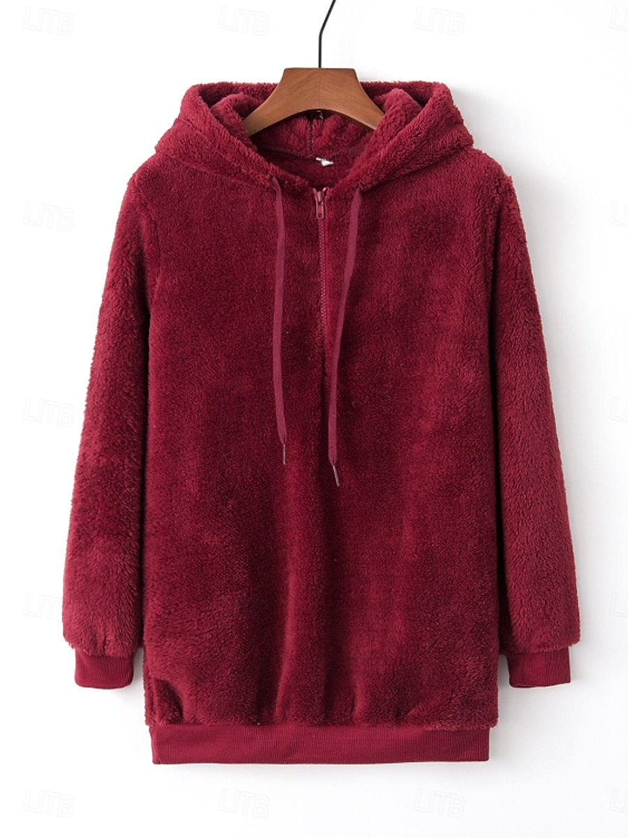 moletom feminino com capuz moletom casual sherpa liso rua diário moletom com zíper bolso manga comprida vinho marrom verde outono inverno de 2025 por $27.99 –P7