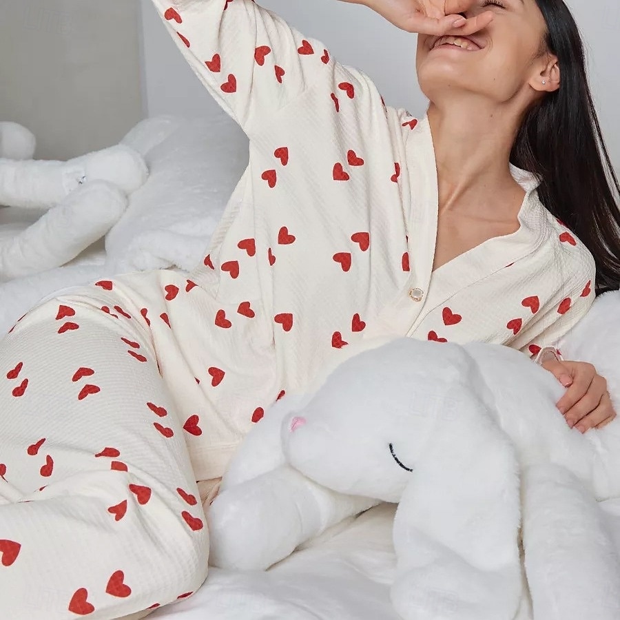 kvinnors alla hjärtans pyjamasset hjärta avslappnad komfort hem daglig komfort varm v-ringad långärmad kofta byxa knapp upp resår midja höst vinter hem outfits 2025 - $23.99 –P2