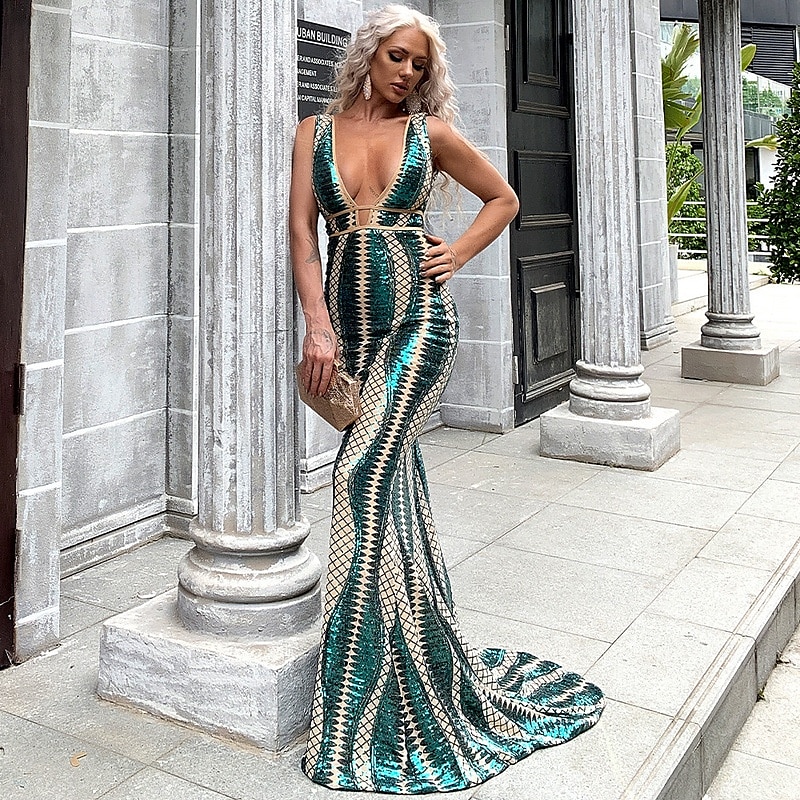 Mermaid / Trumpet Evening Gown Glittering Dress Formal Sweep / Brush Train Sleeveless V Neck Sequined with Glitter 2024 2024 - GBP £76 –P1