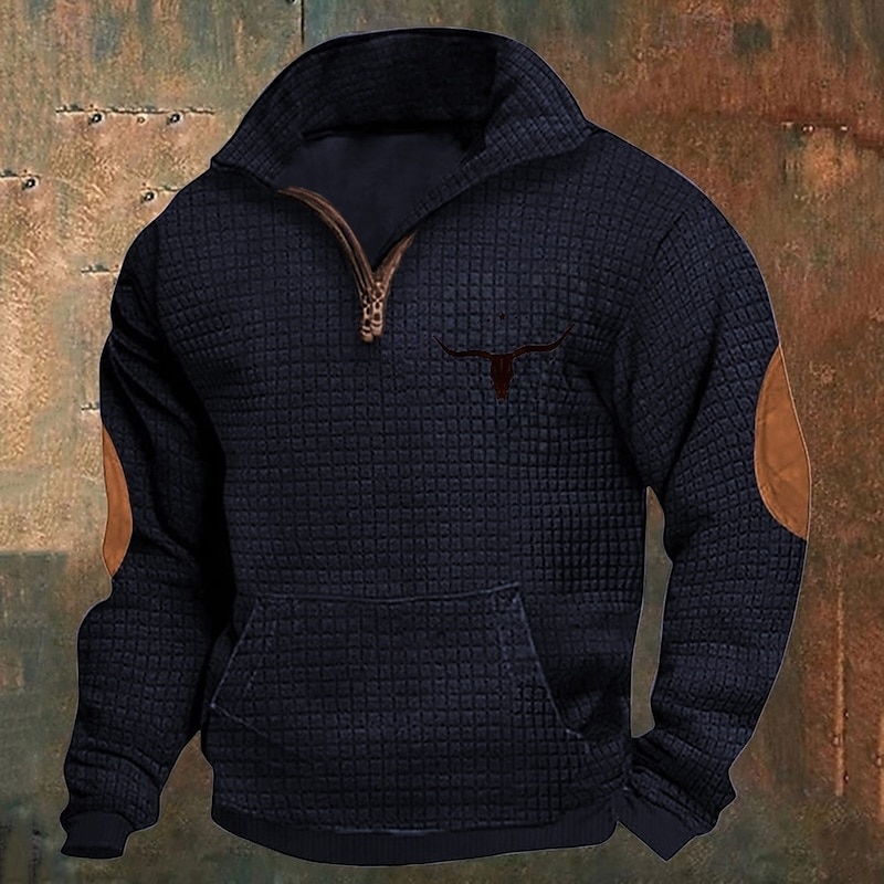 Homens Moletom Waffle Moletom Moletom com zíper Preto Branco Azul Marinha Cáqui Cinzento Escuro Meio Zíper Gráfico Vaca Imprimir Patchwork Bolso frontal Quarter Zip Diário Feriado Para Noite Poliéster de 2025 por $34.99 -P10