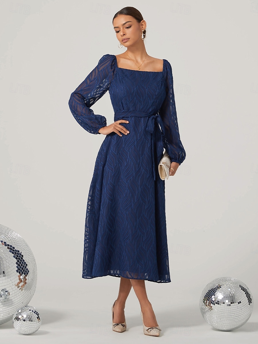 Women's Vintage Dress Midi Dress With Belt Elegant Vintage Square Neck Long Sleeve Blue Color 2025 - $15.79 –P3