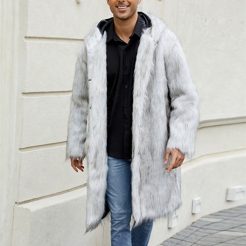 Herr Vinterjacka Fleece-jacka Fuskpälskappa Dagligen Semester Håller värmen Håller värmen Fleece Höst vinter Leopardtryck Mode Streetwear Huva Lång Svart Vit Gul Jacka 2026 - $68.99 –P15