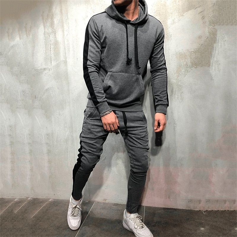 Men's Tracksuit Jogging Suit 2 Piece Casual Fall Long Sleeve Breathable Soft Fitness Gym Workout Running Sportswear Activewear Color Block Dark Grey Black White 2025 - $32.99 –P3