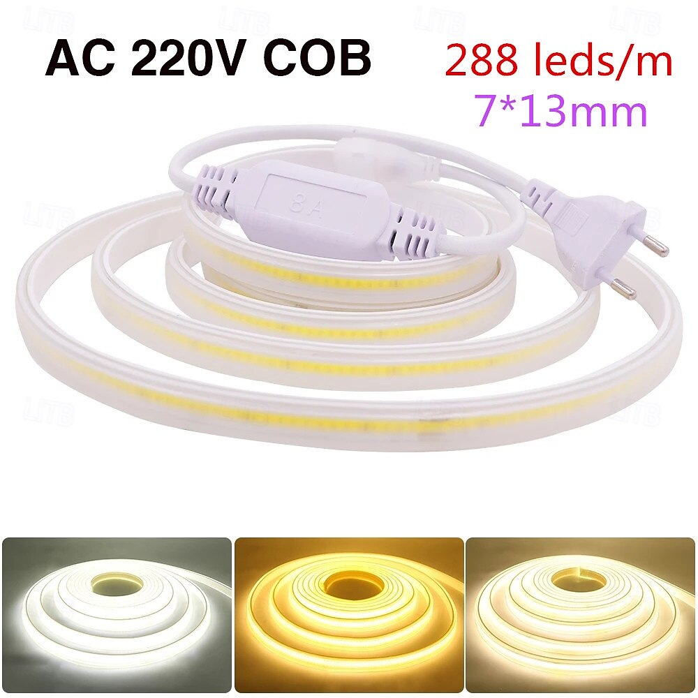 λωρίδα φωτισμού cob led με βύσμα τροφοδοσίας, 288 led/m εξαιρετικά φωτεινή εύκαμπτη κορδέλα led, αδιάβροχο cri 90 γραμμικό φωτισμό για εσωτερική και εξωτερική διακόσμηση σπιτιού 2025 - $17.99 –P1