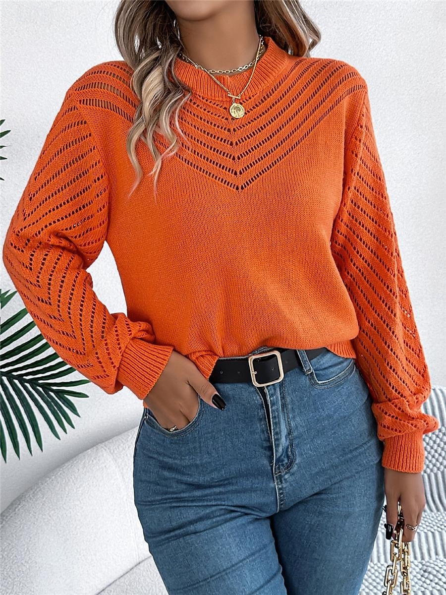 Per donna Felpa Pullover Maglione Informale Morbido Colore puro A coste Girocollo Traforato Lavorato a maglia Manica lunga Top regolari Maglia Esterno Giornaliero Fine settimana Bianco Arancione del 2025 a $45.99 –P10