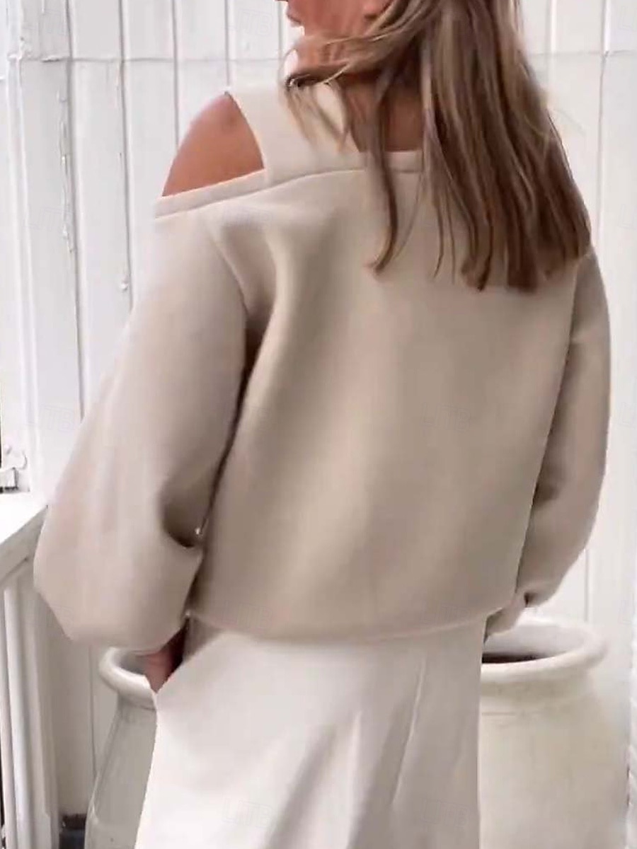felpa da donna casual semplice strada abbigliamento quotidiano scollo a V manica lunga nero bianco beige autunno inverno del 2025 a $21.99 –P5