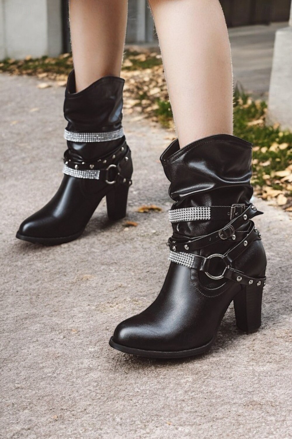braune, lässige Stiefel mit halbhoher Sohle und Nietenriemen sowie Strassverzierungen für Damen – High Heel im Westernstil für Partys und die Freizeit 2025 - $64.99 –P3