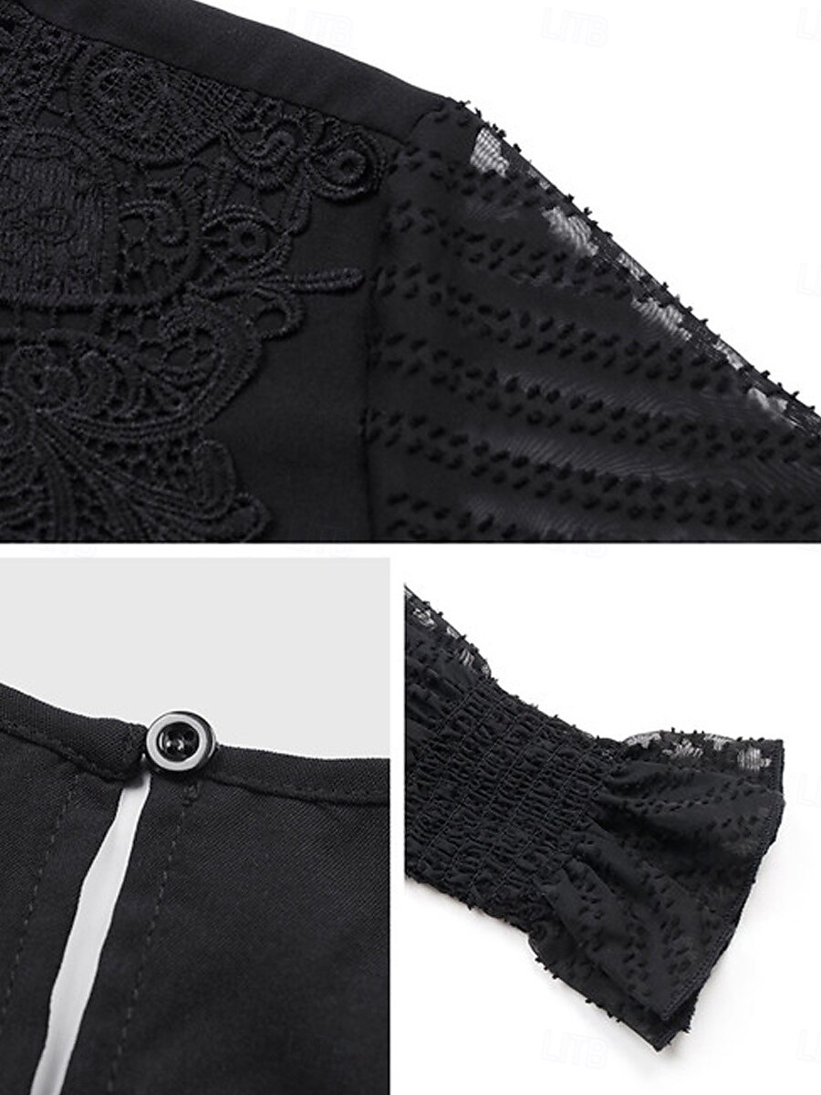 Women's Elegant Lace Tops Eyelet Blouse Casual Solid Color Regular Tops Long Sleeve Crew Neck Lace Patchwork Regular Fit Daily Black Romantic Petite Tops Summer Holiday Wear 2025 - $32.99 –P3