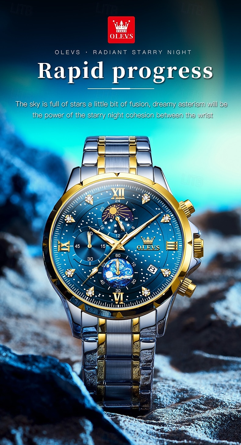 olevs 9807 herenhorloge modetrend multifunctioneel origineel sterrenhemel waterdicht maanfase horloge luxe merk heren quartzhorloge 2025 - $34.99 –P11