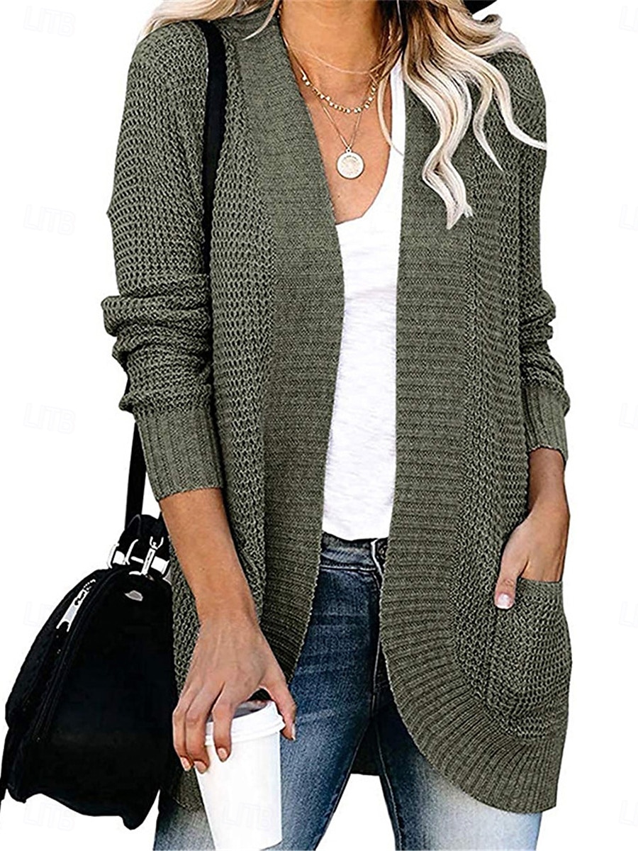 Women's Sweater Cardigan Casual Soft Pure Color Ribbed V Neck Pocket Knitted Long Sleeve Regular Tops Knit Outdoor Daily Weekend Army Green Gray Fall Winter 2025 - $56.99 –P2