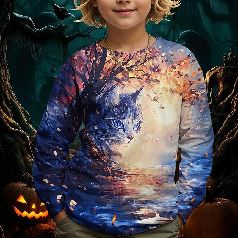 Pojkar 3D Grafisk Katt T-shirt Långärmad Vår Höst Mode Grundläggande Barn 4-12 år Rund hals Utomhus Ledigt Dagligen Normal 2025 - $13.99 –P4