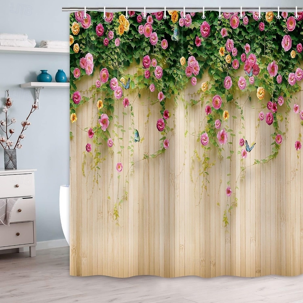 Dusjforheng med kroker 180cm*180cm (70"*70") Polyester Vaskbart Vanntett Blomster Sommerfugl Mønster Bad Dekor 2025 - $22.99 –P2