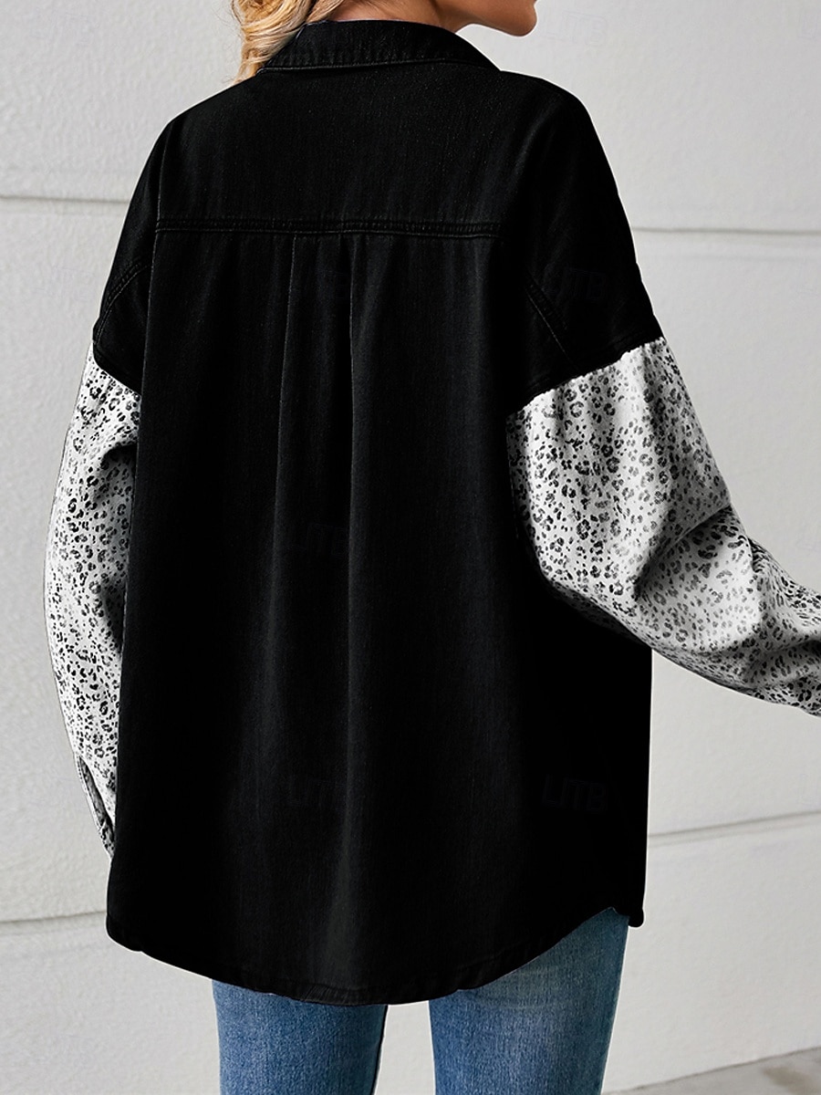 Per donna Giacca di jeans Esterno Strada Da tutti i giorni Autunno Inverno Standard Cappotto Standard Traspirante Moda Informale Giacca Manica lunga Leopardo Con tasche Stampa Nero Bianco Blu del 2025 a $36.99 –P8