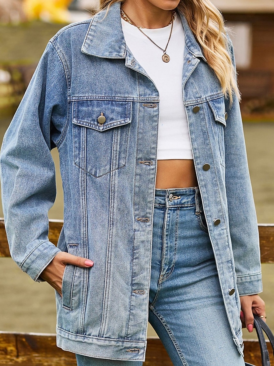 Women's Denim Jacket Outdoor Street Daily Wear Fall Winter Regular Coat Regular Fit Thermal Warm Breathable Stylish Casual Jacket Long Sleeve Solid Color with Pockets Light Blue Black Pink 2025 - $62.99 –P4