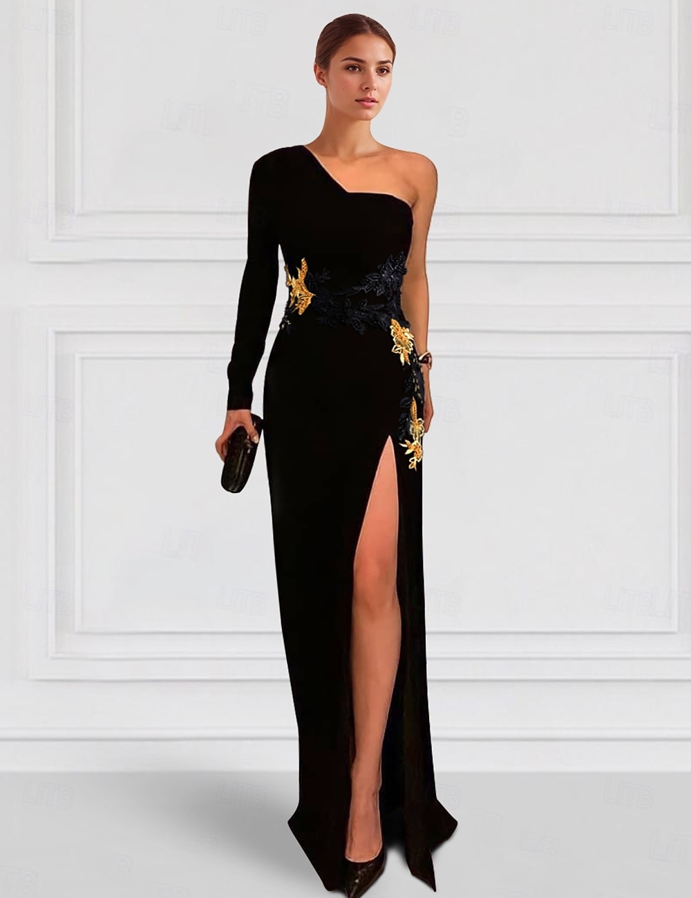 schwarzes A-Linien-Abendkleid, besticktes elegantes Kleid, formelles, bodenlanges, langärmliges One-Shoulder-Stretch-Crêpe mit Schlitzapplikationen 2025 2025 - $161.99 –P1
