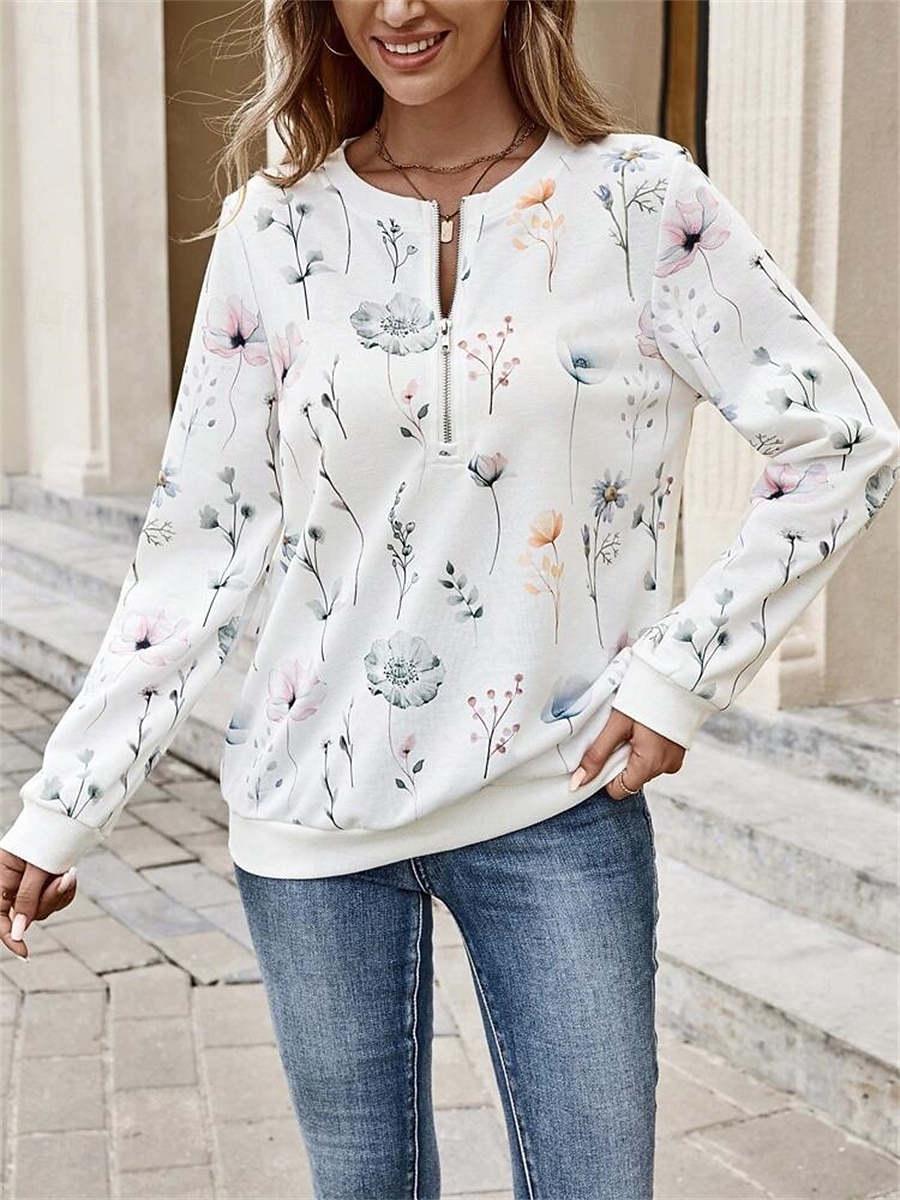 Sudadera de mujer con estampado floral para uso diario, con cremallera, informal, cuello redondo, manga larga, microelástica, otoño e invierno, cómoda, transpirable, tejido suave 2025 - $27.99 –P4