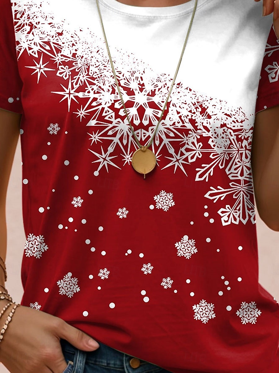 Camiseta de mujer con estampado de copos de nieve en degradado manga corta cuello redondo top casual de verano rojo y blanco ajuste cómodo para uso diario moda de vacaciones 2025 - $19.99 –P3