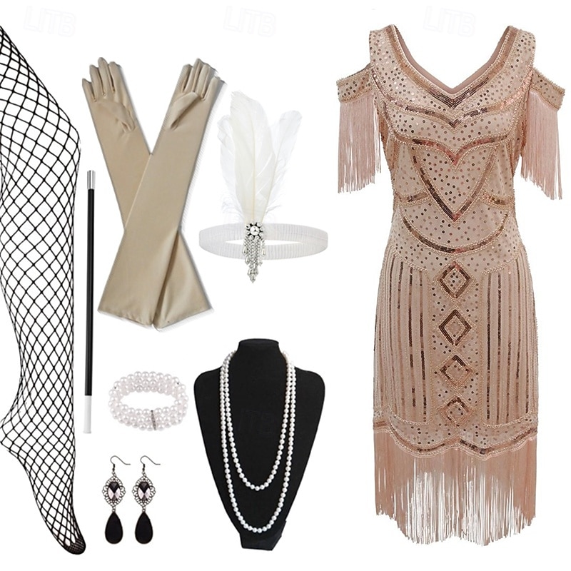 Conjunto Rugido 20s 1920s Hasta la Rodilla Vestido Flapper Accesorios Vestido de fiesta de graduación con accesorios Hombro frío El gran Gatsby Invitado a la boda Lentejuelas Borlas Pluma Escote en 2026 - $54.99 –P2