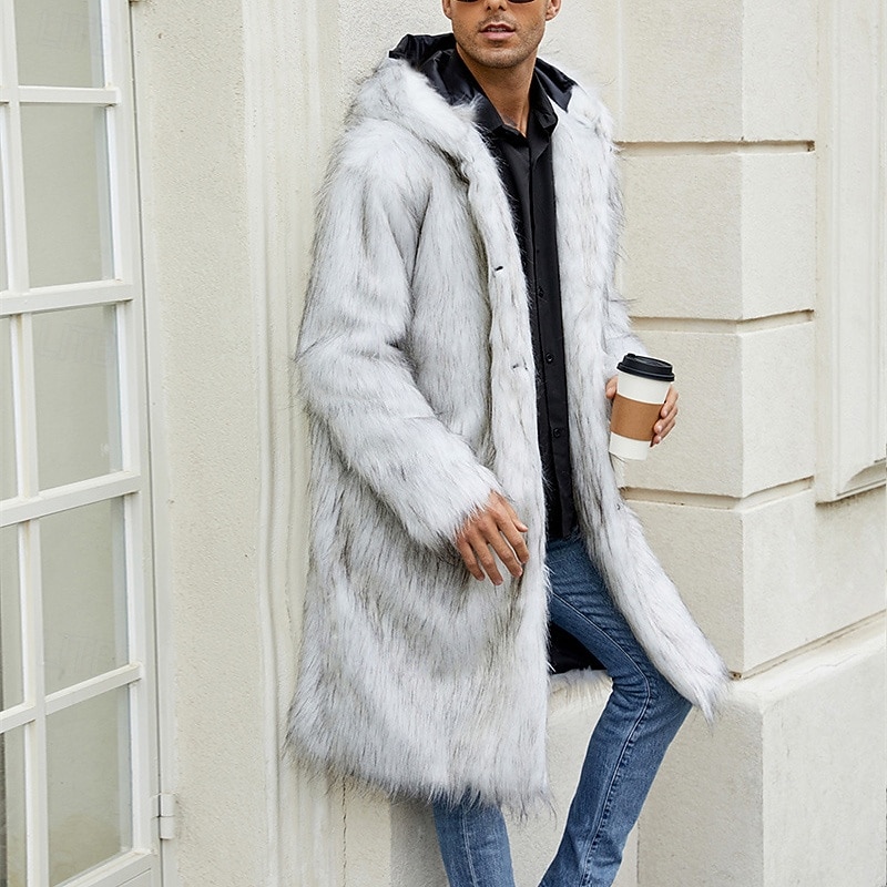 Herr Vinterjacka Fleece-jacka Fuskpälskappa Dagligen Semester Håller värmen Håller värmen Fleece Höst vinter Leopardtryck Mode Streetwear Huva Lång Svart Vit Gul Jacka 2026 - $68.99 –P12