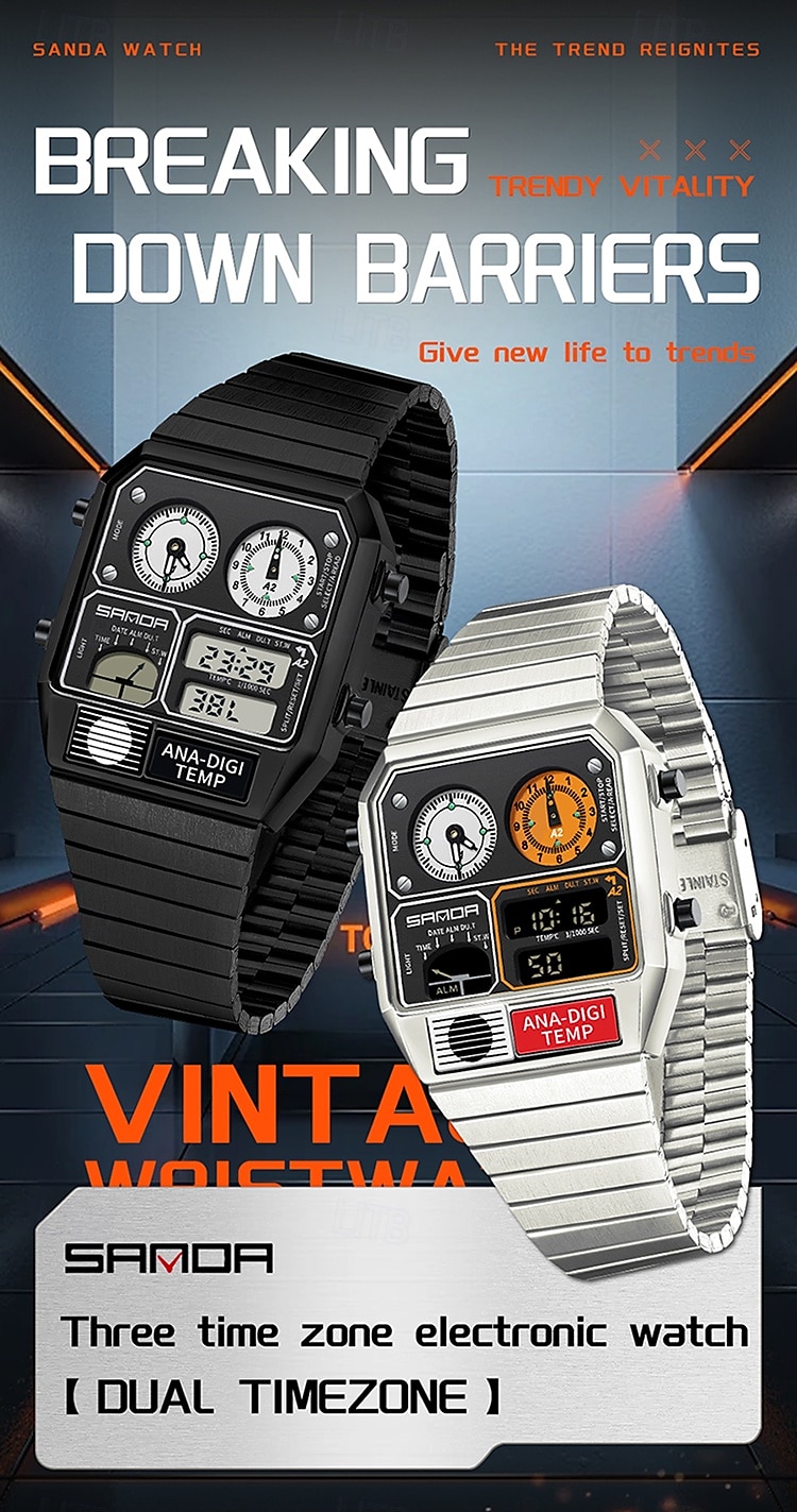 SANDA Men Digital Watch Sports Fashion Casual Business Minute Repeater Stopwatch Alarm Clock Waterproof Steel Watch 2026 - $48.99 –P2
