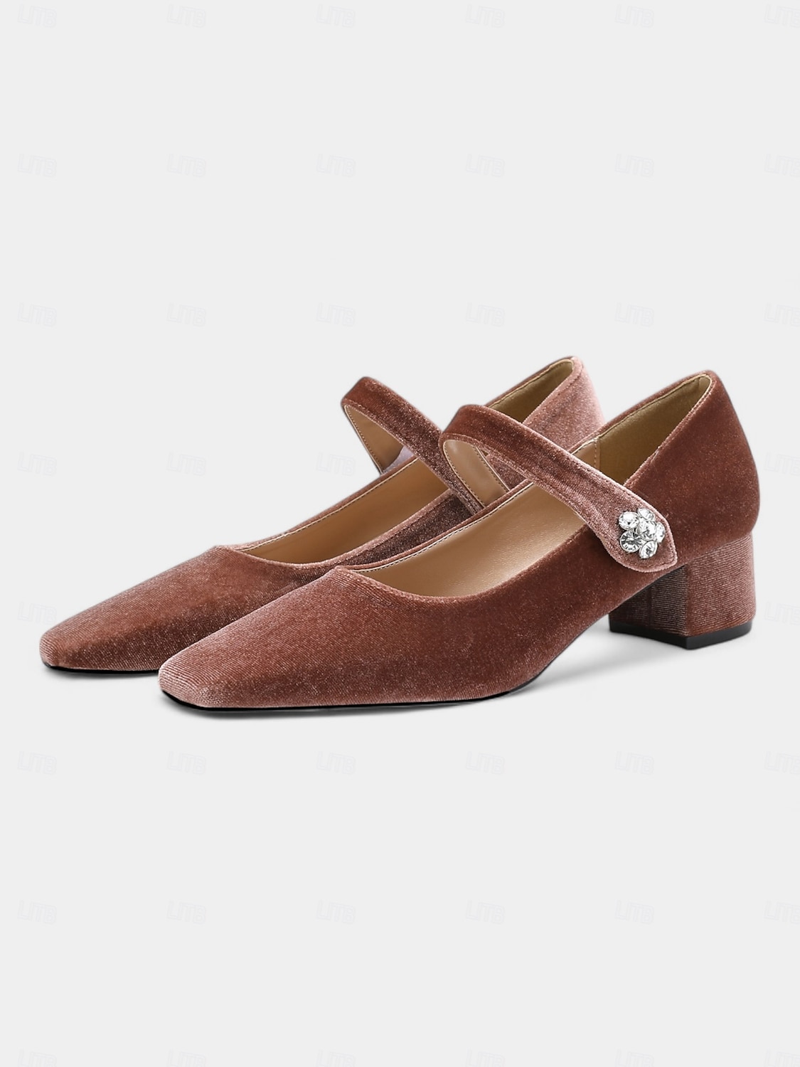 női zöld bársony mary jane pumpák - négyzetes orrú blokksarkú strasszos csattal, elegáns dizájn estélyi és vintage stílusú ruhákhoz 2025 - $59.99 –P4