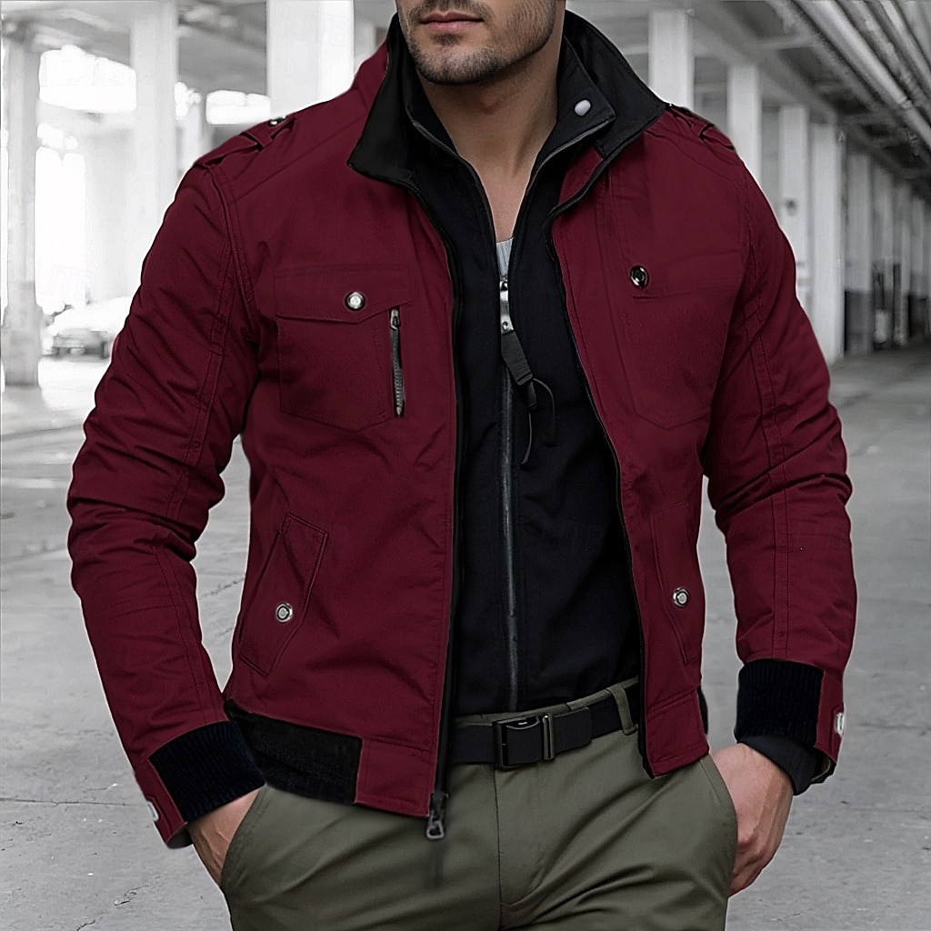 Men's Trucker Jacket Bomber Jacket Casual Jacket Work Jacket Outdoor Daily Wear Wearable Pocket Spring &  Fall Plain Fashion Streetwear Standing Collar Short Black Burgundy Navy Blue Khaki Army Green 2026 - $42.99 –P6