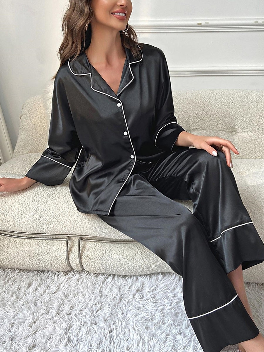 pyjamasset för kvinnor ren färg avslappnad komfort hem dagligen satin siden komfort varm lapel långärmad skjorta byxa knapp upp resår midja höst vinter hem outfits 2025 - $31.99 –P4