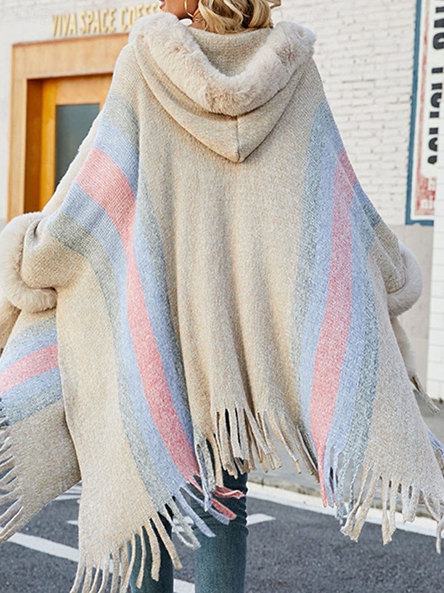 Women's Cloak / Capes Outdoor Street Daily Wear Fall Winter Regular Coat Regular Fit Thermal Warm Breathable Stylish Casual Jacket Long Sleeve Stripe Faux Fur Trim Khaki Apricot Gray 2025 - $73.99 –P2