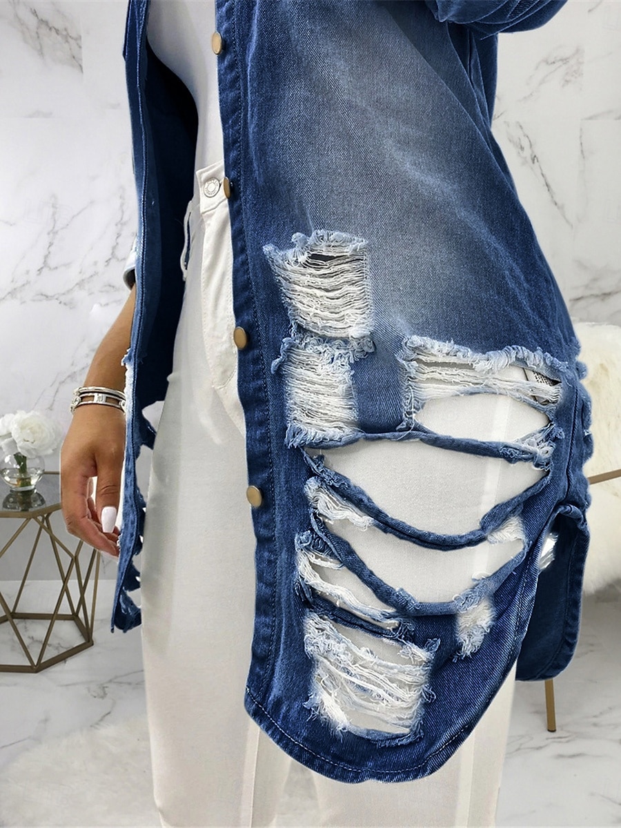 Dam Jeansjacka Utomhus Gata Dagliga kläder Höst Vinter Normal Täcka Normal Håller värmen Andningsfunktion Stylish Ledigt Jacka Långärmad Ensfärgat Med fickor Ljusblå Svart Marinblå 2025 - $62.99 –P3