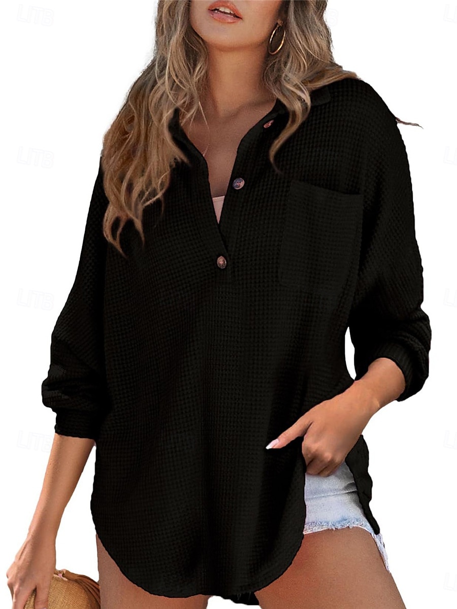 Dames Overhemd Blouse Effen Kleur Basic Casual Lange mouw Overhemdkraag Lange tops Dagelijks Knop Zak Zwart Fuchsia Groen Beige Herfst Winter 2025 - $24.99 –P6
