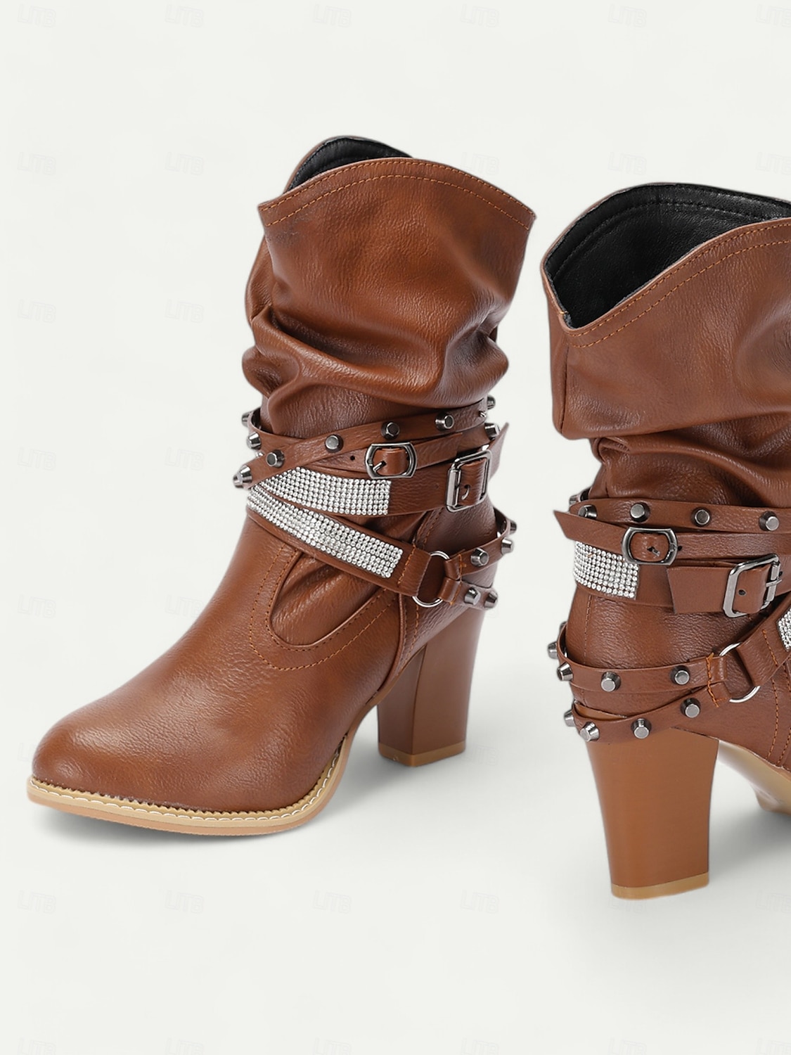 braune, lässige Stiefel mit halbhoher Sohle und Nietenriemen sowie Strassverzierungen für Damen – High Heel im Westernstil für Partys und die Freizeit 2025 - $64.99 –P7