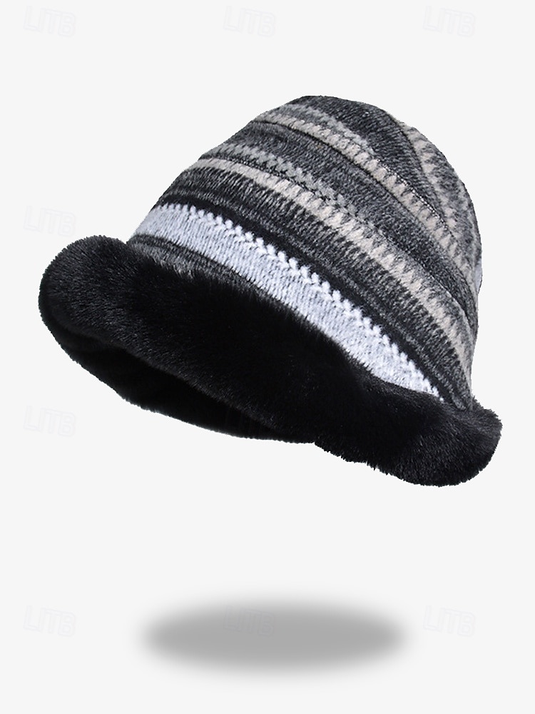 Women's Cozy Faux Fur Winter Hat – Vintage Striped Knit Bucket Hat with Warm Plush Lining 2025 - $14.99 –P9