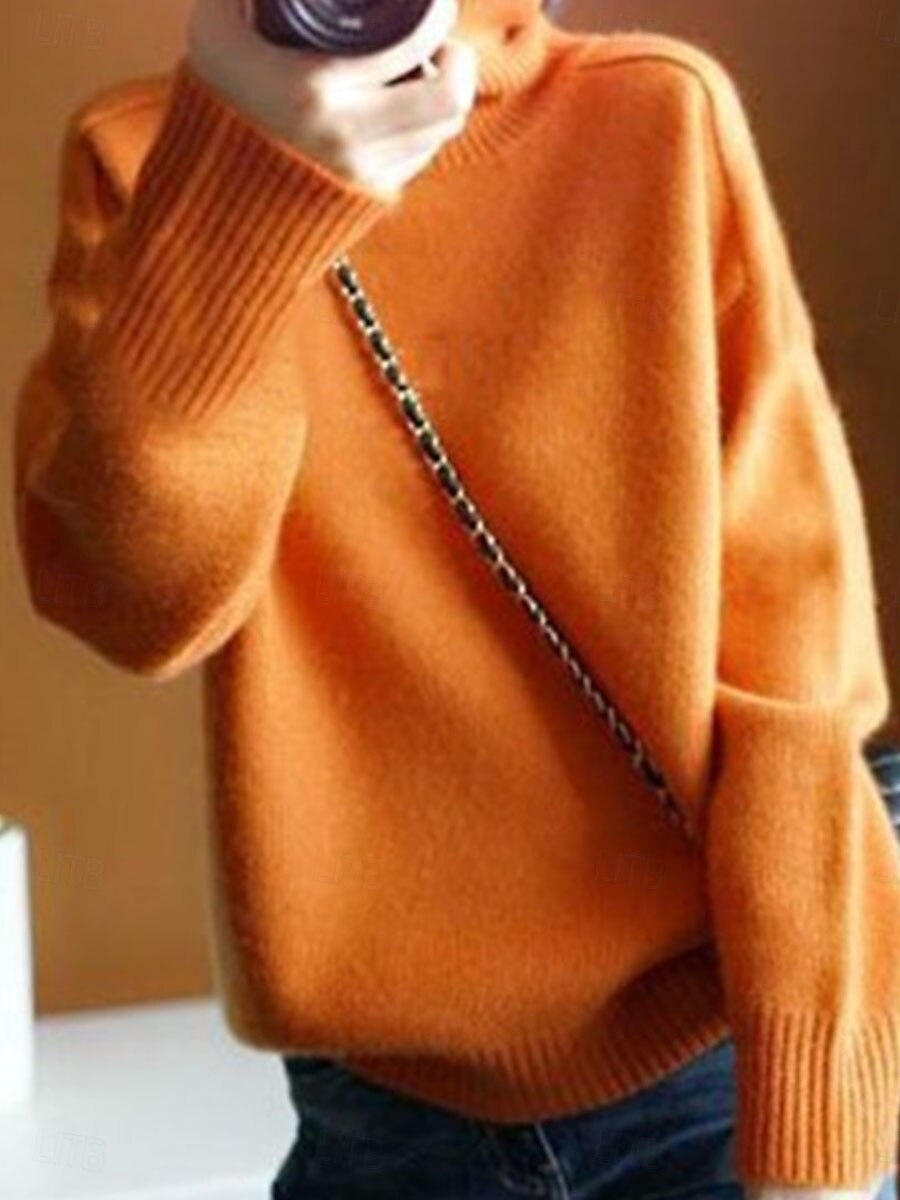 Dam Tröja Pullover tröja Ledigt Mjukt Ren färg Ribbad Polokrage Stickat Långärmad Vanliga toppar Sticka Utomhus Dagligen Helgen Marinblå Orange Höst Vinter 2025 - $35.99 –P3
