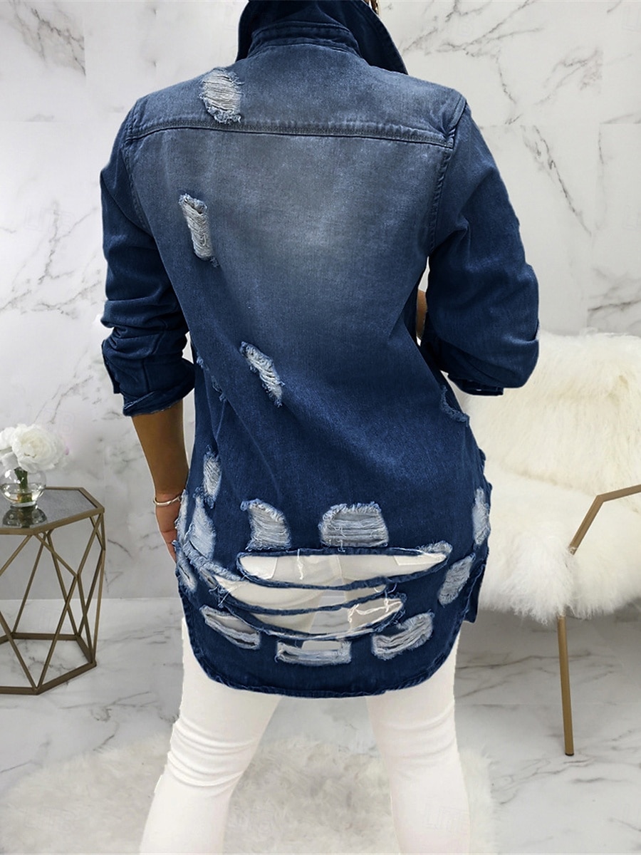 Dam Jeansjacka Utomhus Gata Dagliga kläder Höst Vinter Normal Täcka Normal Håller värmen Andningsfunktion Stylish Ledigt Jacka Långärmad Ensfärgat Med fickor Ljusblå Svart Marinblå 2025 - $62.99 –P2