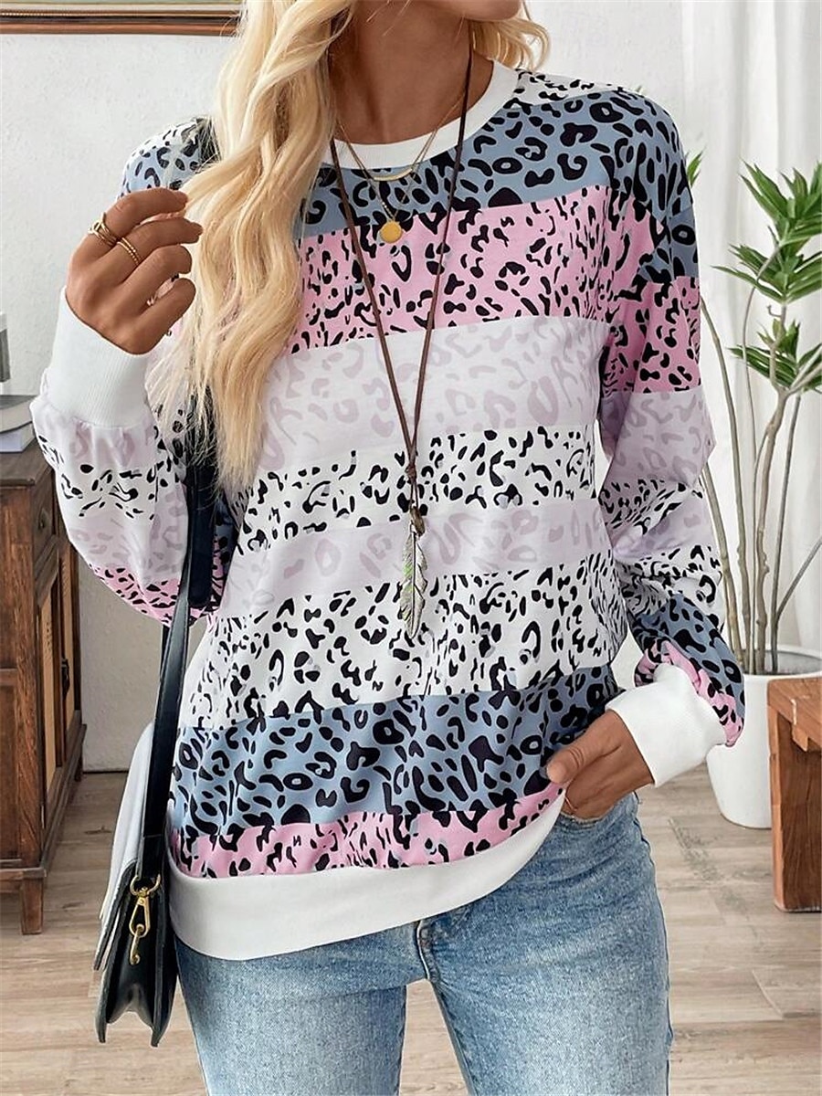 dámská mikina leopard street denní nošení potisk ležérní posádka výstřih dlouhý rukáv mikroelastický podzimní zimní komfrt prodyšná měkká tkanina 2025 - $24.99 –P3