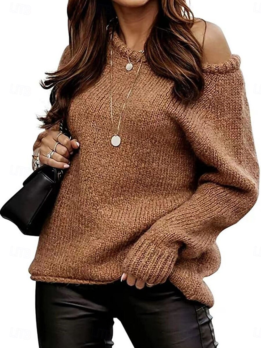 Dame Genser Pullover genser Fritid Myk Ren farge Riflet Båthals Strikket Langermet Vanlige topper Strikke utendørs Daglig Helg Rosa Brun Høst Vinter 2025 - $51.99 –P2