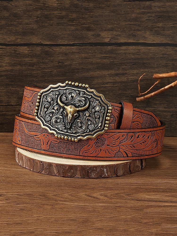Men's Western Faux Leather Belt with Embossed Floral Design and Bull Head Buckle – Vintage Cowboy Style 2025 - $19.99 –P1