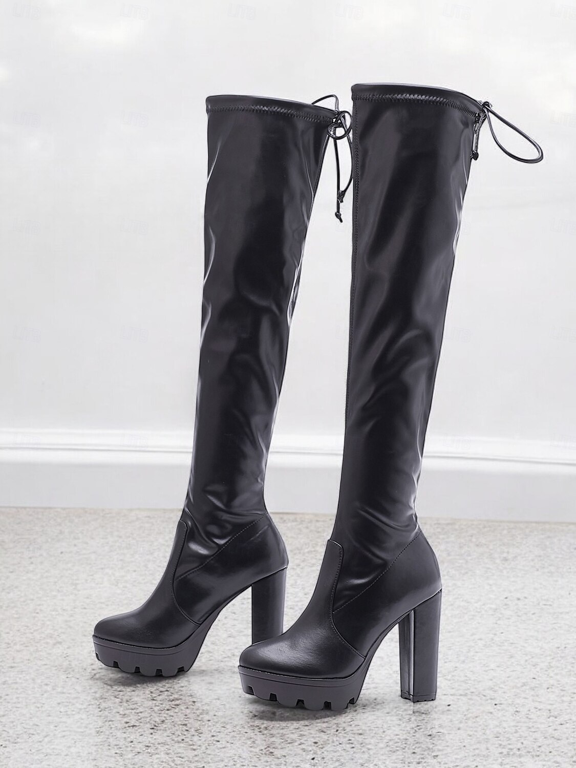 botas plataforma femininas acima do joelho com salto alto grosso e fecho de cordão, estilo sexy na altura da coxa para baladas e festas de 2025 por $64.99 –P2
