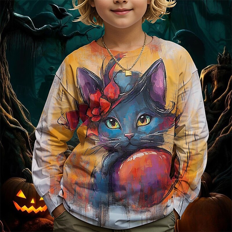 Pojkar 3D Grafisk Katt T-shirt Långärmad Vår Höst Mode Grundläggande Barn 4-12 år Rund hals Utomhus Ledigt Dagligen Normal 2025 - $13.99 –P2