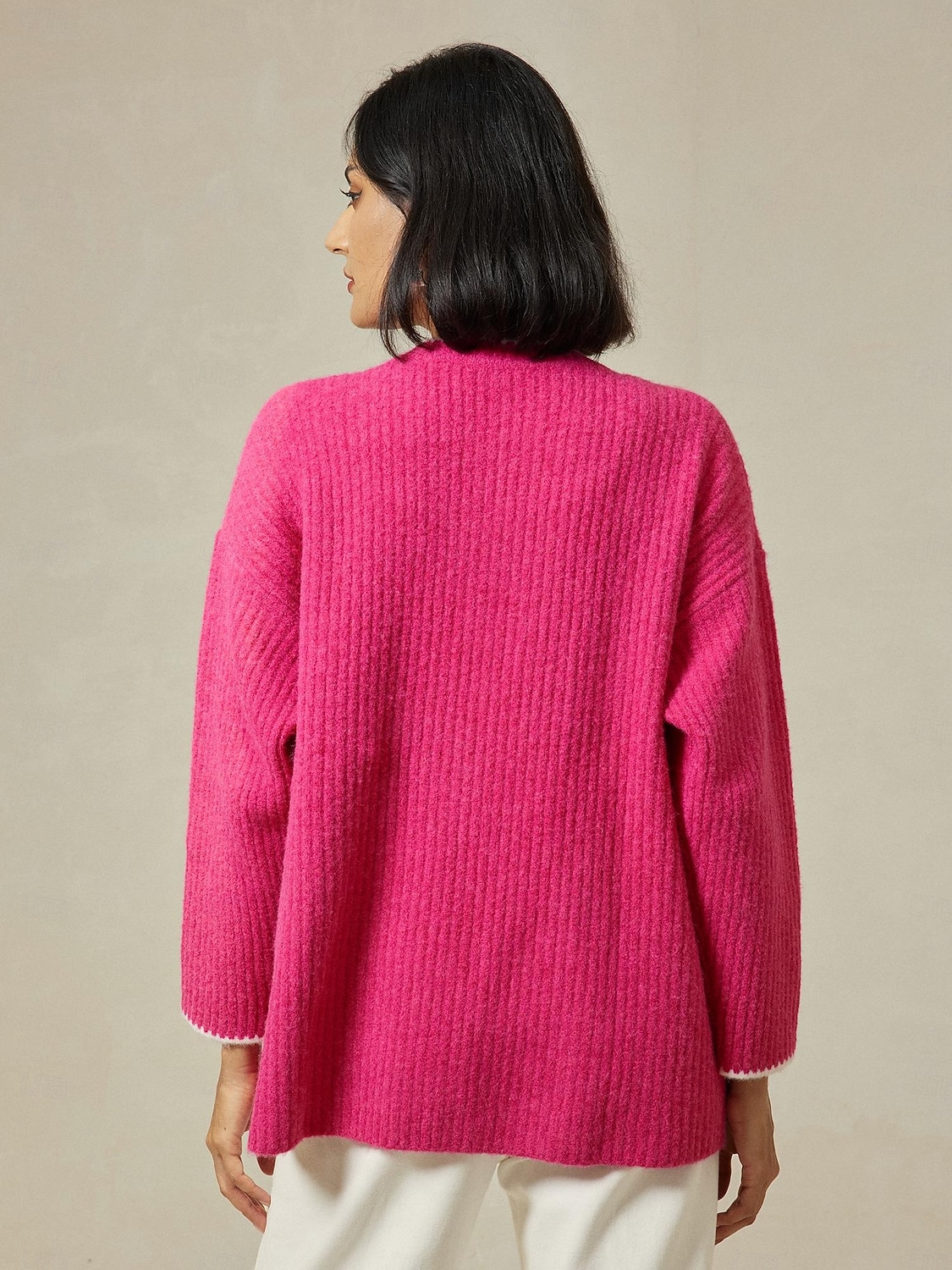 Dam Kofta Nedvikt Ribbad Sticka Ullblandning Färgblock Drop Shoulder Höst vinter Ledigt / vardag Ledigt vardag Långärmad Kontrastfärg Rosenröd S M L 2025 - $9.99 –P2