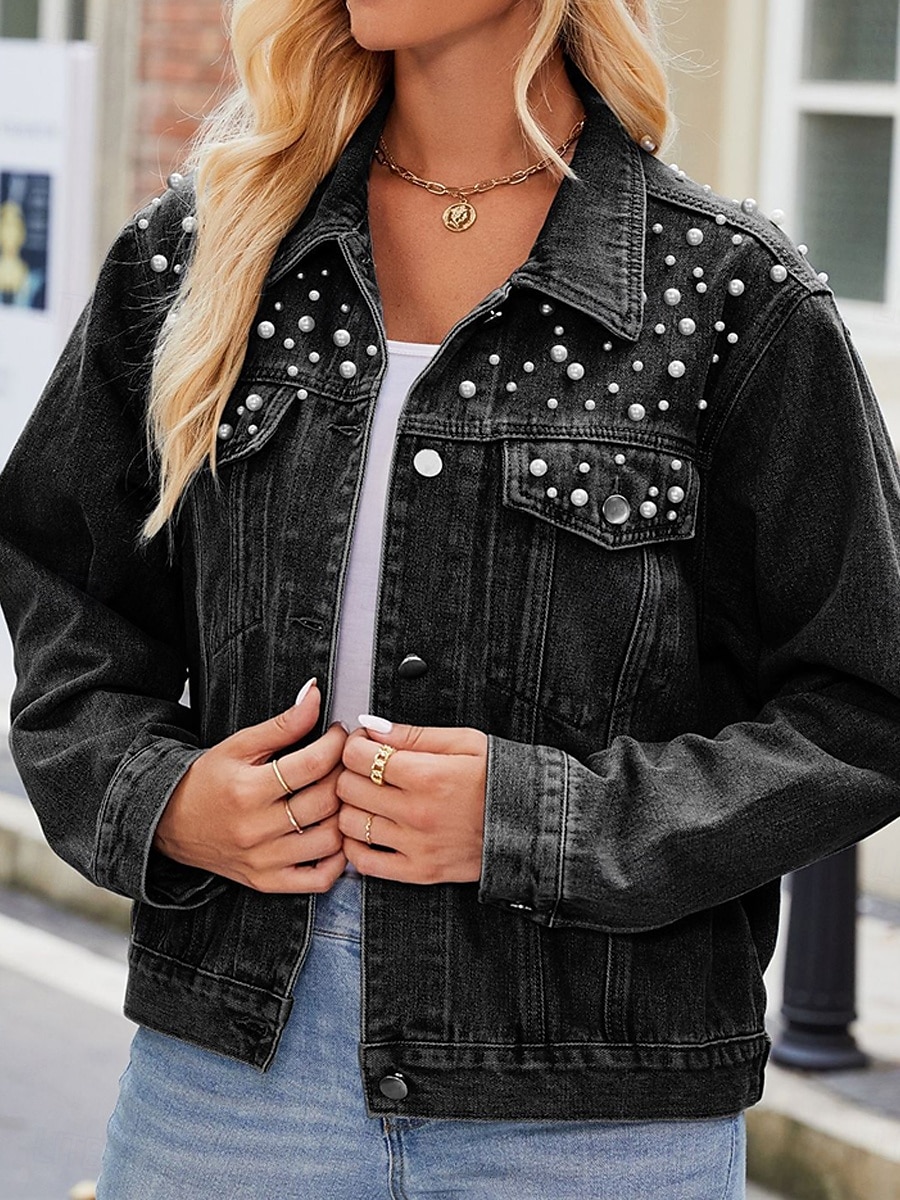 Dam Jeansjacka Utomhus Gata Dagliga kläder Höst Vinter Kort Täcka Normal Håller värmen Andningsfunktion Stylish Ledigt Jacka Långärmad Ensfärgat Med fickor Pärlor Svart Blå 2025 - $62.99 –P1