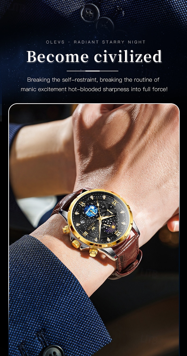olevs 9807 herenhorloge modetrend multifunctioneel origineel sterrenhemel waterdicht maanfase horloge luxe merk heren quartzhorloge 2025 - $34.99 –P13