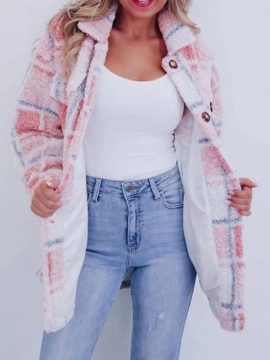 Femme Veste Polaire Manteau en peluche Chaud Respirable Poche Doublé en Polaire Décontractées Plaid Vacances Plein Air Usage quotidien Sortie Boutonnage Simple Longue Col rabattu Standard manche de 2025 ? $52.99 –P3