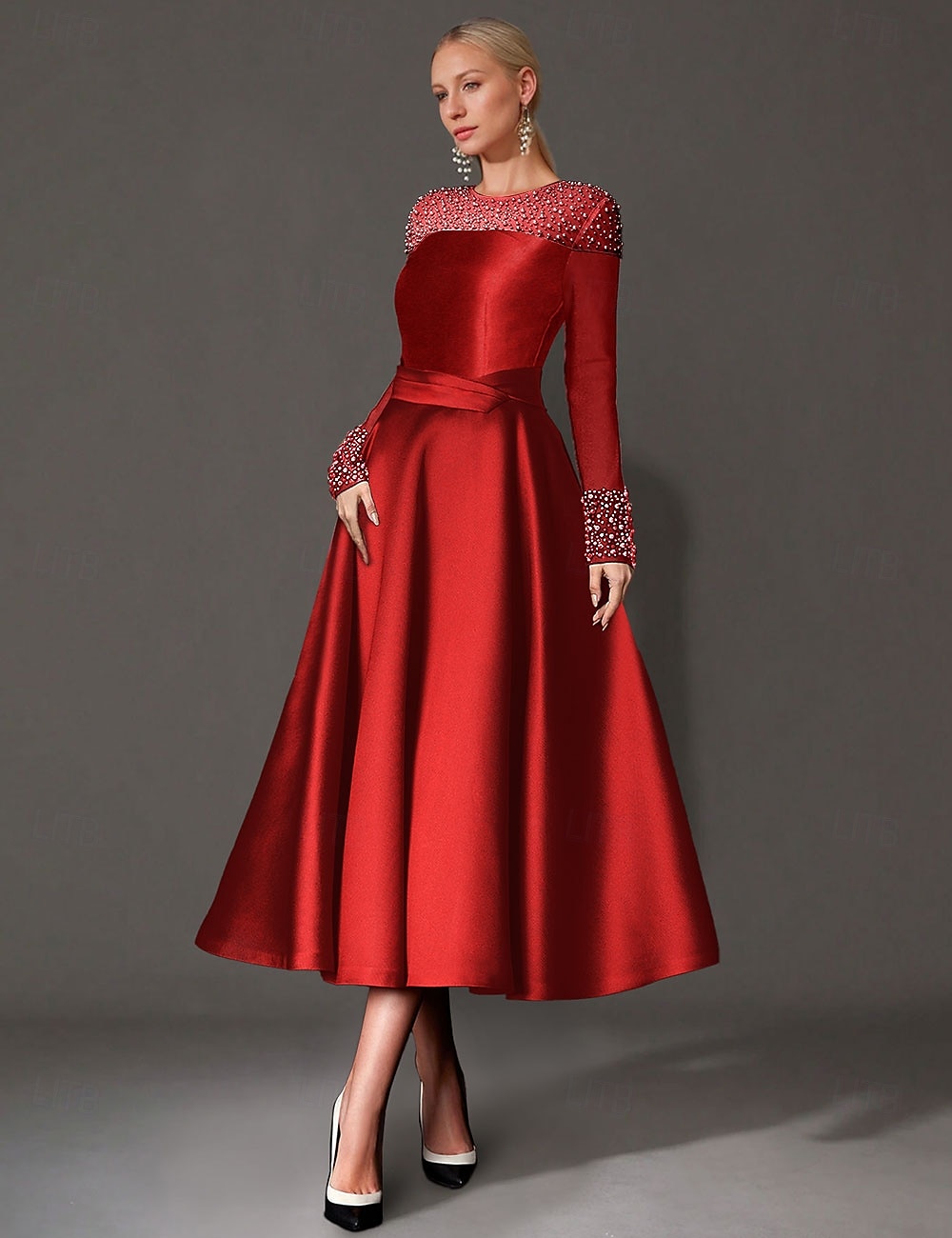 A-Line Cocktail Dresses Elegant Dress Formal Tea Length Long Sleeve Jewel Neck Satin with Pearls Dresses 2025 - $206.99 –P1