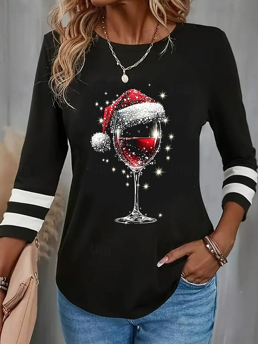 Dame Skjorte Bluse Vinglass Fritid Langermet Crew-hals Vanlige topper Jul Daglig Lapper Svart Høst Vinter 2025 - $17.99 –P1