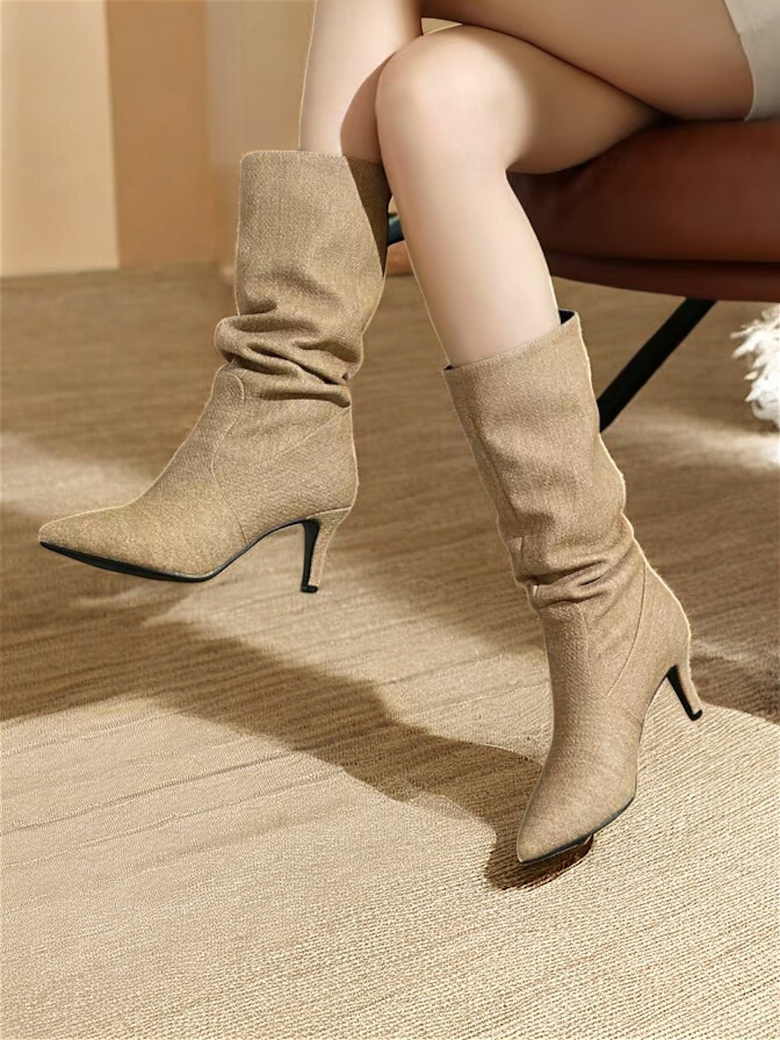 Women's Beige Slouch Mid-Calf Boots with Pointed Toe and Kitten Heel – Chic Fall Fashion for Casual and Dressy Occasions 2025 - $69.99 –P2