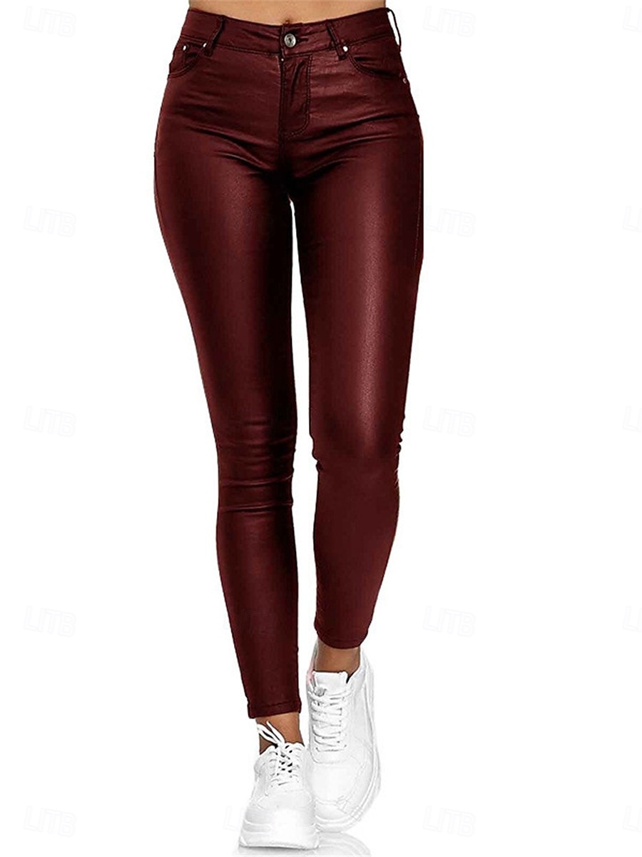 Damen Schlank Lederhosen Strumpfhosen Modisch Strassenmode In voller Länge Hoher Taillenbund Glatt Tasche Hoher Schnitt warm Windundurchlässig Mikro-elastisch Outdoor Strasse Wein Schwarz Blau 2025 - $27.99 –P4