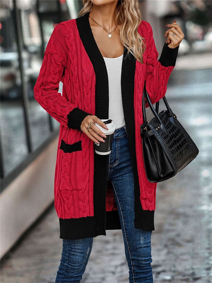 Damen Pullover Strickjacke Brautkleider schlicht Weich Einfarbig Gerippt Öffnung vorne Tasche Strick Langarm Lange Oberteile Stricken Outdoor Täglich Wochenende Rote Khaki Herbst Winter 2025 - $67.99 –P5